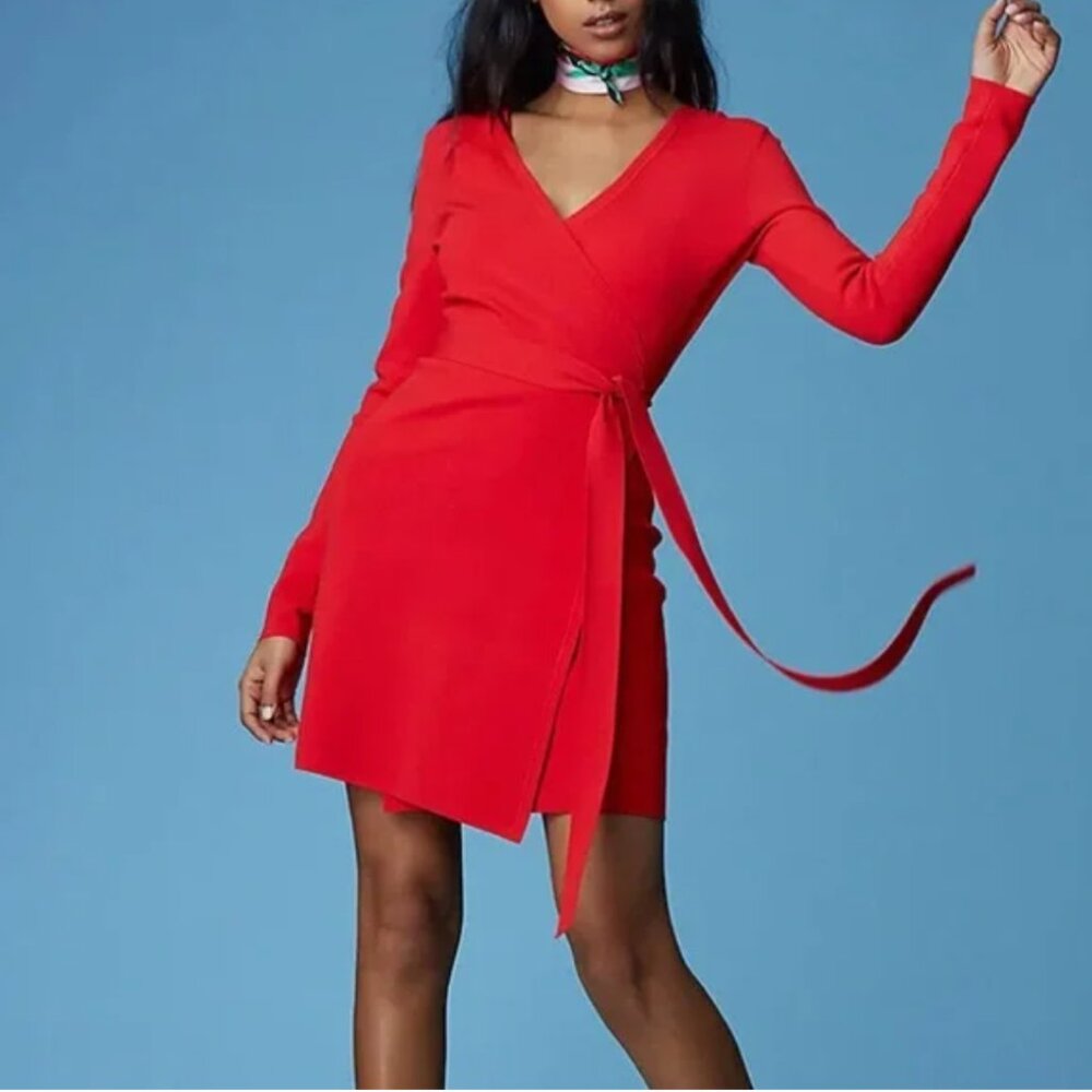 Diane Von Furstenberg Knit Julian Wrap Dress Sz P Red Long Sleeve